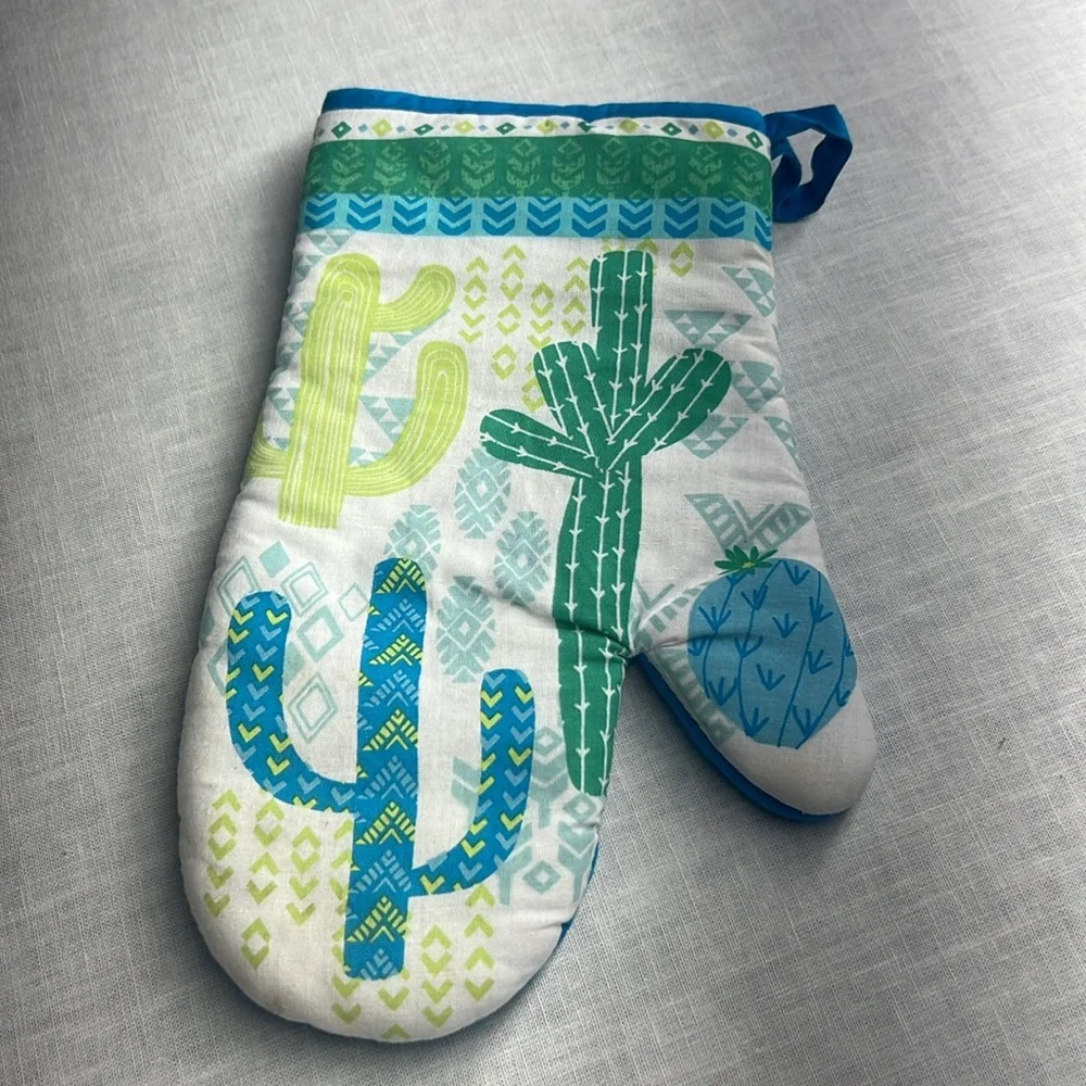 🌞 Mainstays oven mitt turquoise & green cactus over white Southwestern OS